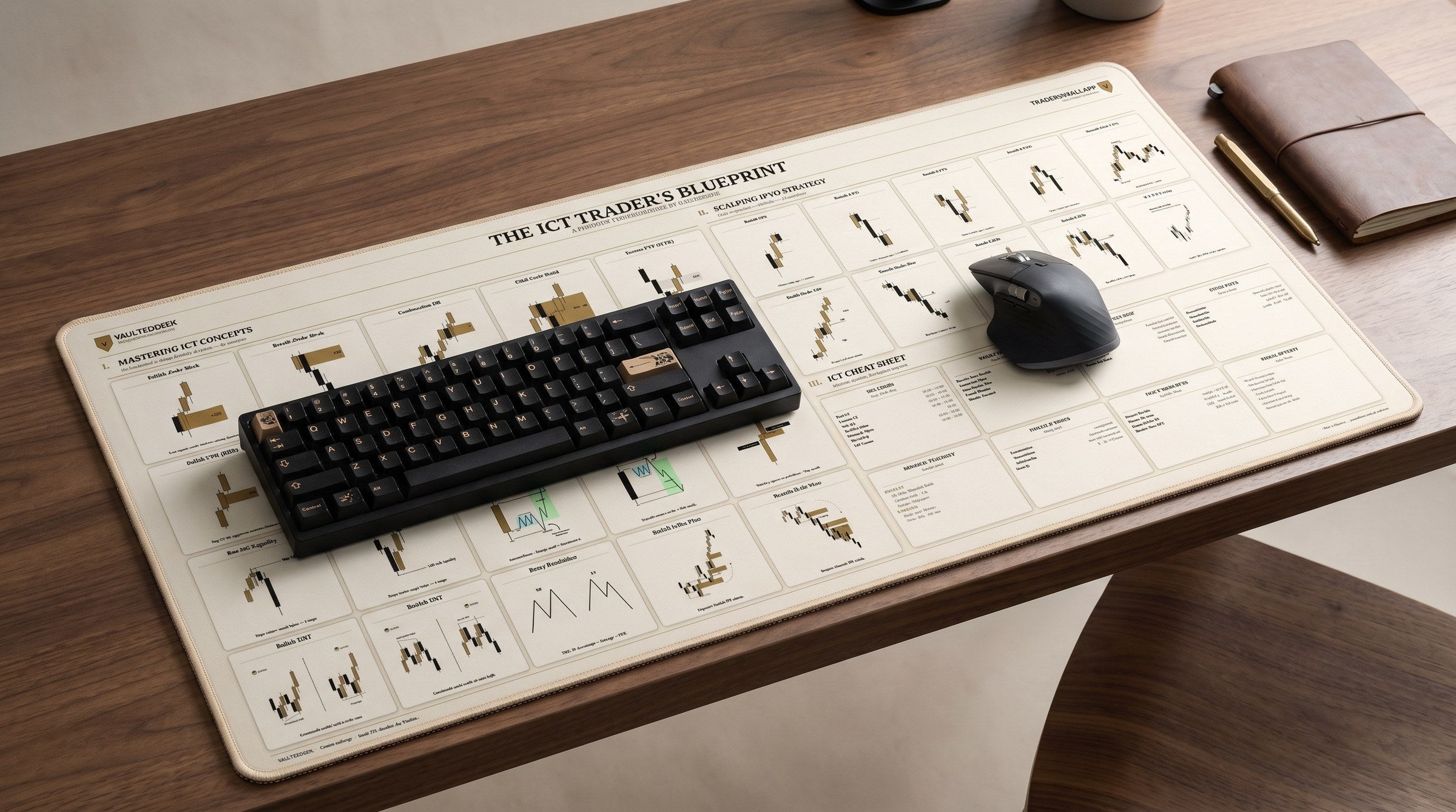TradersMat — The Blueprint XL desk mat on a walnut desk